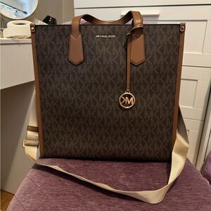 Michael Kors Brown MK Monogram Messenger Bag with Tan Trim